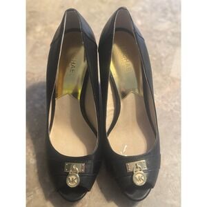 Michael Kors Hamilton Women's Black Leather 4" Wedge Heel Peep Toe Shoe Sz 10M